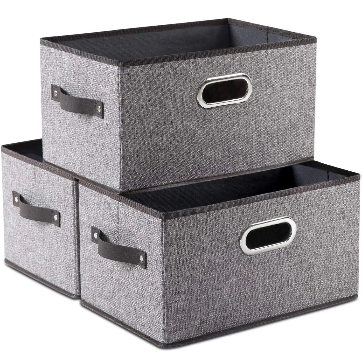  Large Foldable Storage Bins for Shelves 3-Pack Large(3-Pack) Grey&amp;black Trim