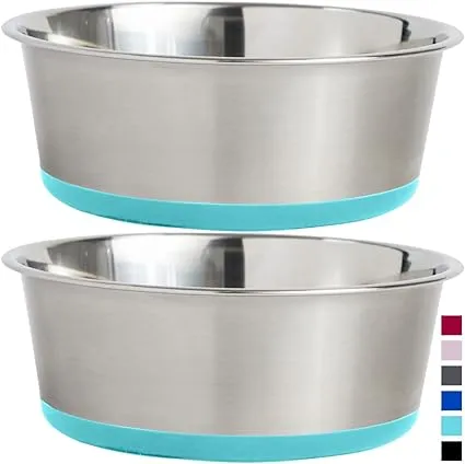 Gorilla Grip Stainless Steel Metal Dog Bowl Set of 2, Rubber Base, Heavy Duty, Rust Resistant, Food Grade BPA Free, Less Sliding, Quiet Pet Bowls for