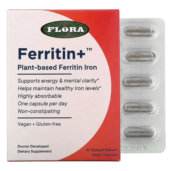 Flora - Ferritin+ Plant-Based Iron, Helps Maintain Healthy Iron Levels, Non-Constipating, Highly Absorbable, Supports Energy & Mental Clarity, Vegan Iron Supplement, 30 Delayed Release Vegan Capsules 