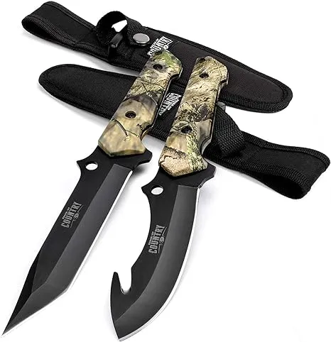 Mossy Oak Fixed Blade Hunting Knife Set - 2 Piece, Full Tang Handle Straight Edge and Gut Hook Blades Game Processing Knife, Sheath Included