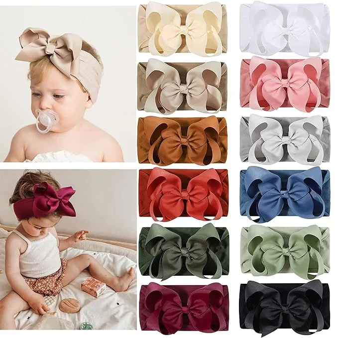 Ayesha Baby Headbands with Soft Nylon Hairbands and Hair Bows for Newborn, Toddler, and Baby Girls (12 Pack)