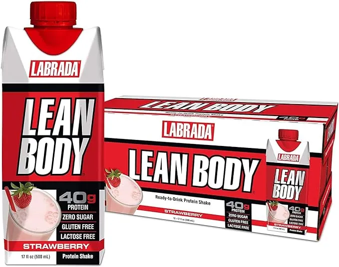 Labrada Lean Body Ready-to-Drink Strawberry Protein Shake, 40g Protein, Whey Blend, 0 Sugar, Gluten Free, 22 Vitamins & Minerals, 17 Ounce (Recyclable Carton & Lid - Pack of 12) LABRADA