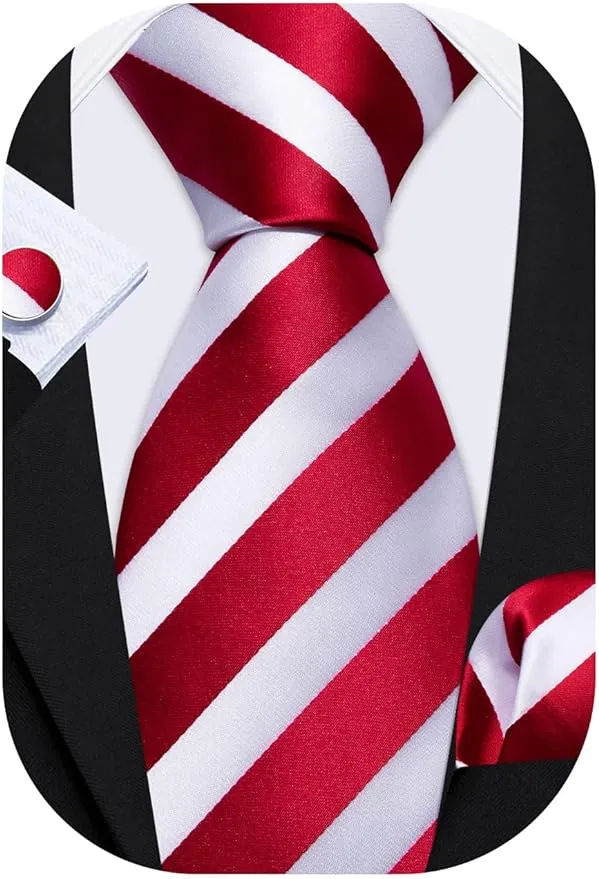 Barry.wang Stripe Men Ties Set Classic Woven Necktie with Handkerchief Cufflinks Formal