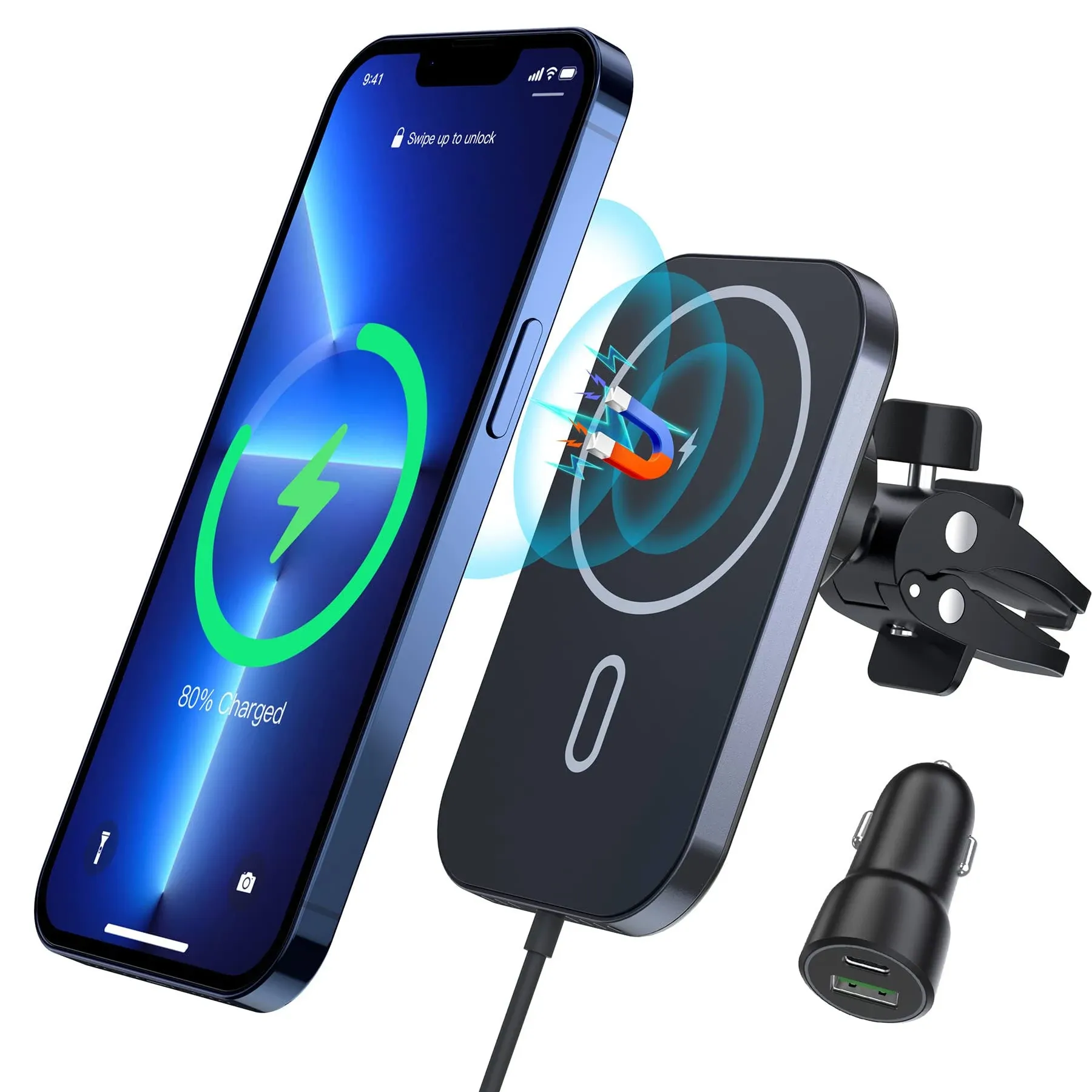 Magnetic Wireless Car Charger for iPhone 14/13-360° Adjustable Auto Alignment Ai