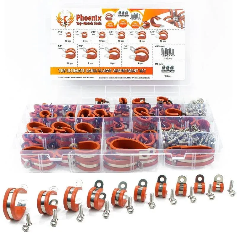 Phoenix Top-Notch Tools Premium 100 pcs Red Assortment Kit 304 Stainless Steel Rubber Insulated Cushion Cable Clamps Brake Line Clamp and Hose Clamp 10 Sizes