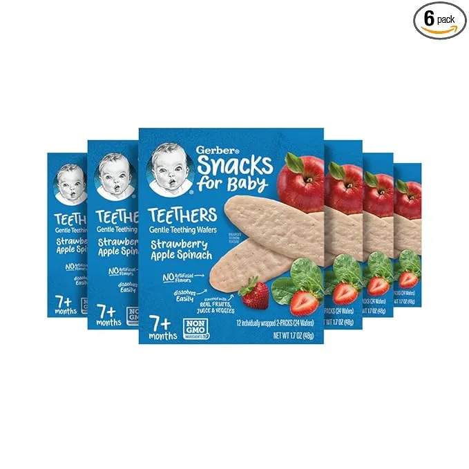 Gerber Snacks for Baby Teethers, Gentle Teething Wafers, Strawberry Apple Spinach, 1.7 Ounce, 12 Count Box (Pack of 6)