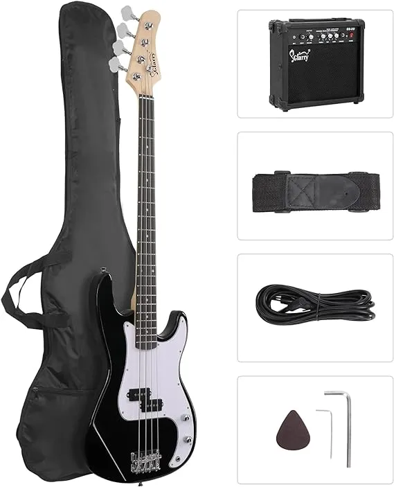 Glarry Full Size Electric Bass Guitar 4 String with Amp Bass Bag Strap Black