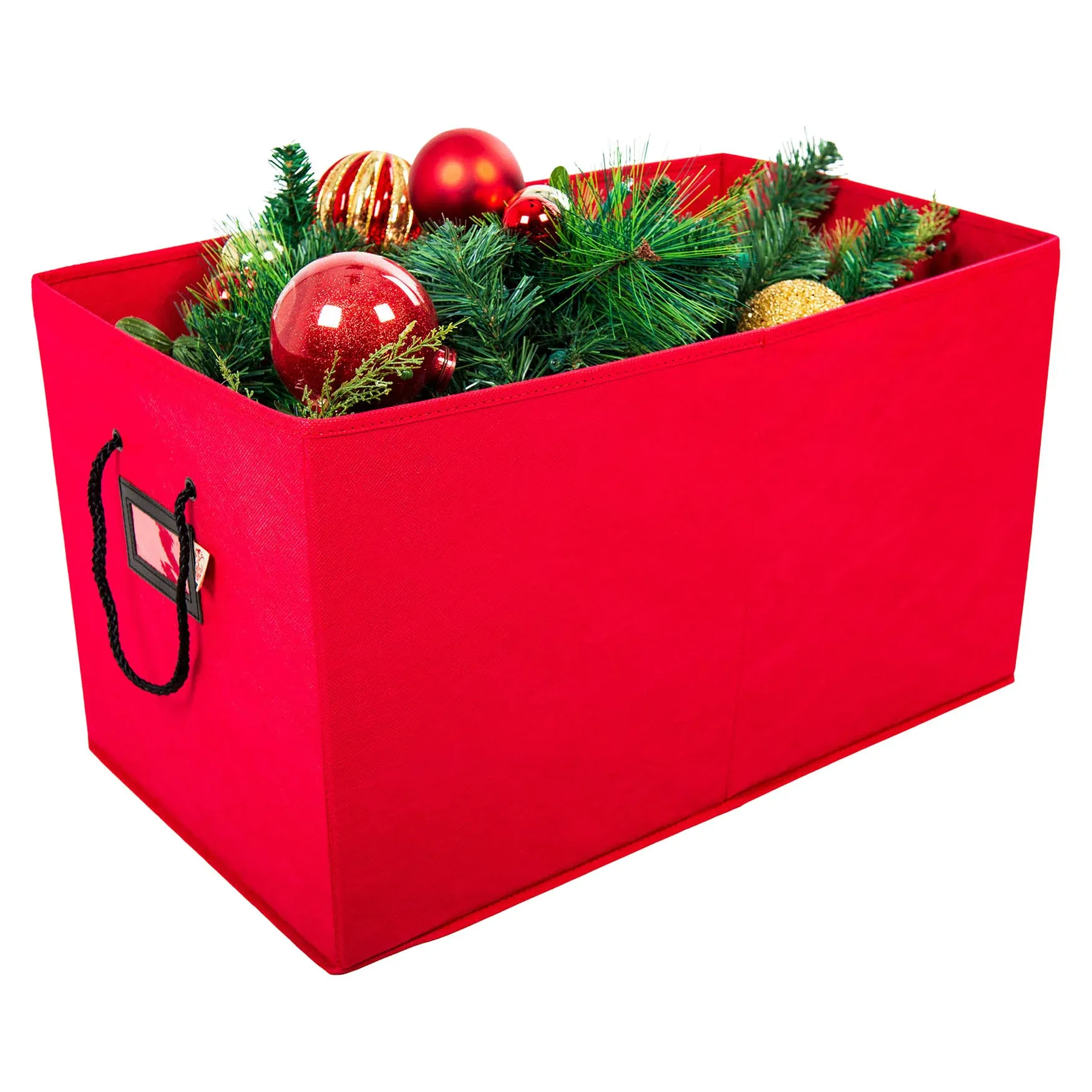 [Multi Use Christmas Decoration Storage Box] - Self Standing Container with ID Tag Holder for Easy Identification - for Garland Storage and Other Miscellaneous Decor Storage (Red)