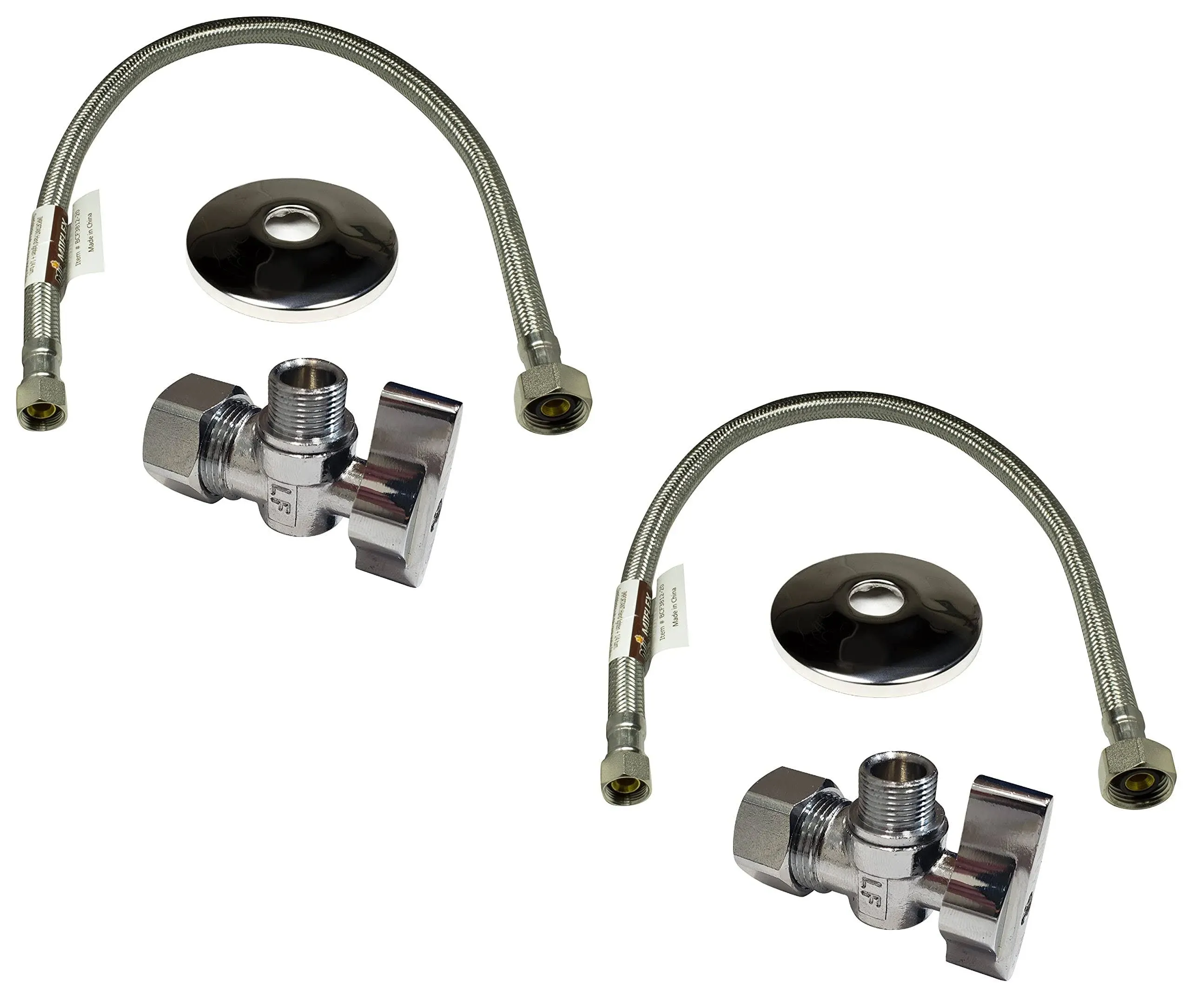 Complete Set 1/2 in. NOM Inlet x 3/8 in. OD Compression Outlet Angle Shut Off Valve + Escutcheon Plate + 20" Long Stainless Steel Braided Faucet Water Supply Line (2 Pack)