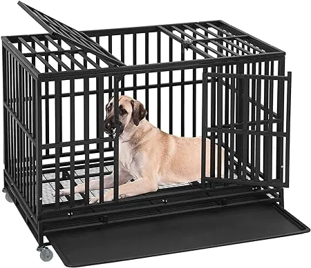 BestPet Heavy Duty Dog Crate Indestructible Dog Cage Dog Kennel for Large Medium Dogs 48 Inches Pet Playpen for Training Indoor Outdoor with Plastic Tray Double Doors & Locks Design,Black