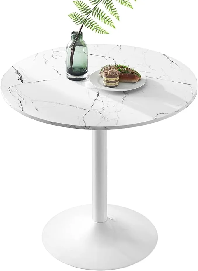 Modern Round Dining Table 31.5 inch - Round Dining Table with Faux Marble Top and Pedestal Base - Mid-Century Leisure Table White - Modern Round