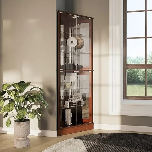BELLEZE Lighted Accent Corner Display Curio Cabinet with Tempered Glass Doors and Shelves, Classic Wood Cabinet with Bulb, Corner Curio Storage Rack for Living Room, Bed-Room and Kitchen (Oak)