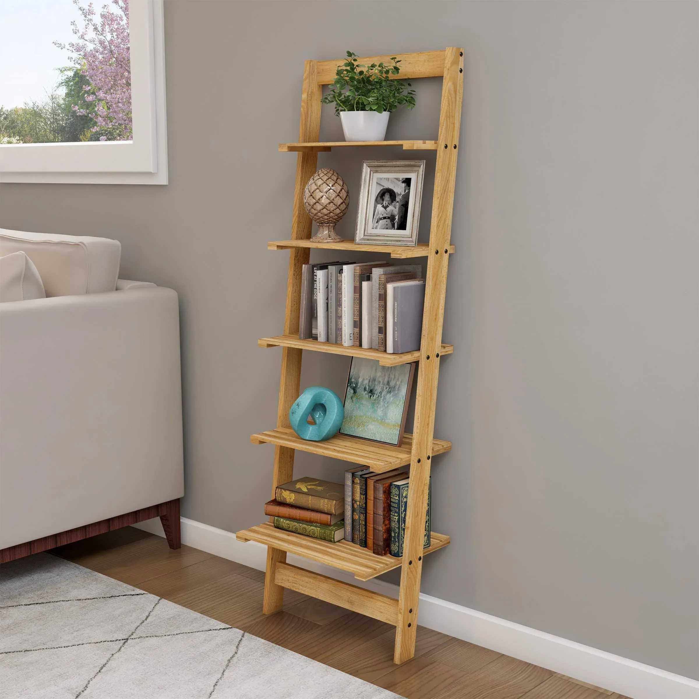 5-Tier Ladder Shelf - Wooden Narrow Leaning Bookshelf for Bedroom, Living Room, Bathroom, Kitchen, or Office Shelving - Furniture by Lavish Home (Oak)