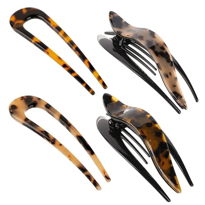 4 PCS French Curved Flat Hair Clip and U Shaped Hair Stick Acetate Concord Hair Claw Classic Cellulose Tortoise Acetate Flat Hair Claw Clips Pin Teeth Clamp Women Vintage Hairstyle Accessories (French Curved Hair Clip)