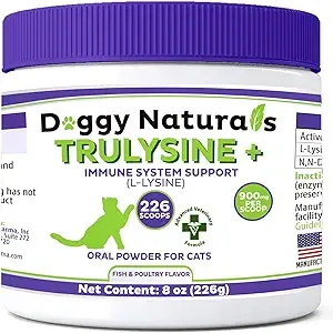 Trulysine Plus L-Lysine for Cats Immune Support Oral Powder 8oz/226g - Cats & Kittens of All Age, Sneezing, Runny Nose Squinting, Watery Eyes Chicken Liver Flavor (U.S.A)(226 Grams (900mg / Scoop))