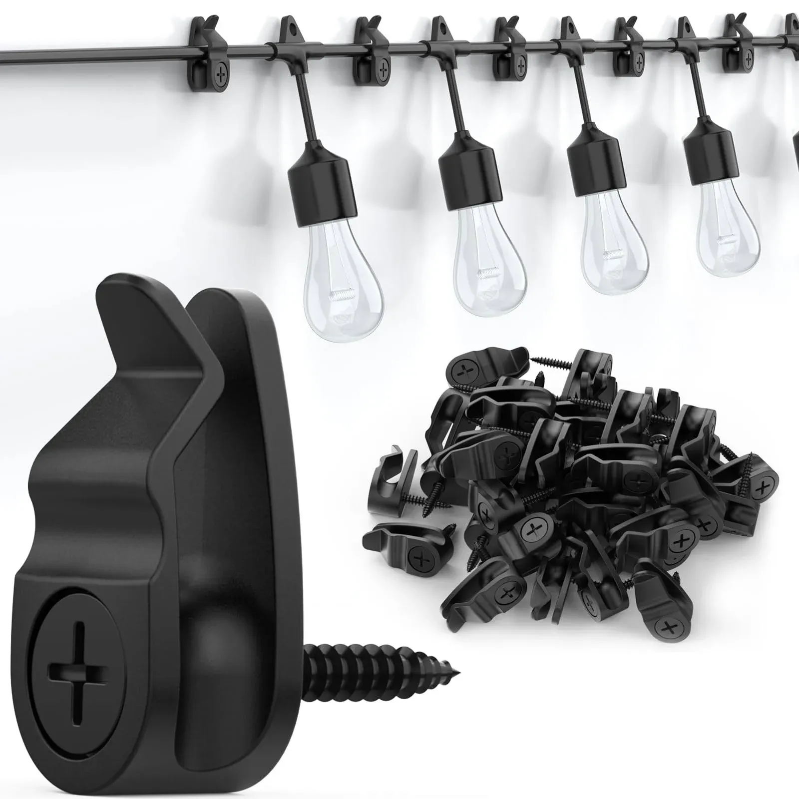 Outdoor String Lights Clips, Weatherproof Cable Hanger Hooks for Hanging Fairy Lights, Holiday Decor - Black, 50 Pack