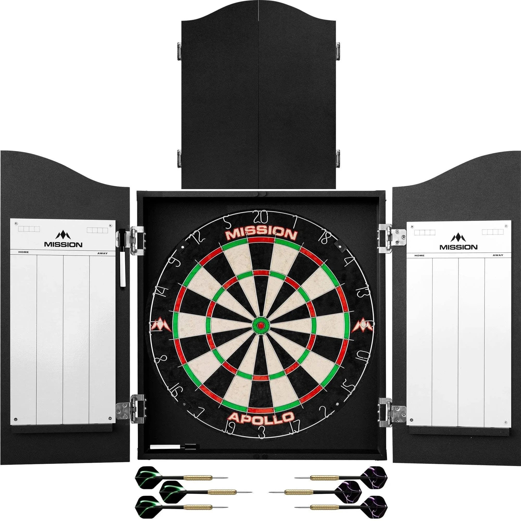 Mission Darts Home Centre | Complete Darts Package Including Apollo Dartboard with Cabinet, Easy Wipe Score Panels and 2 Sets of Darts, Black (CAB508)