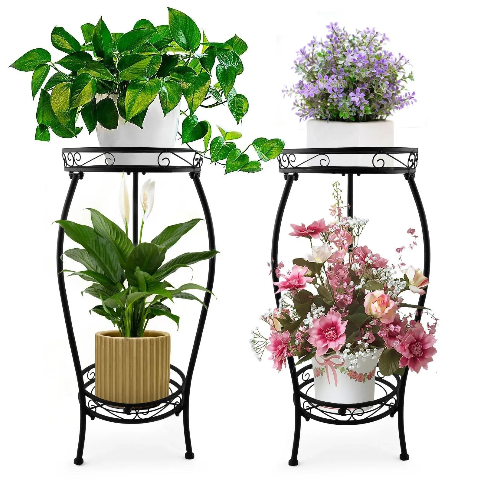 2 Pcs Metal Plant Stand Indoor Outdoor, 2 Tier Black Iron Flower Plant Stand 26