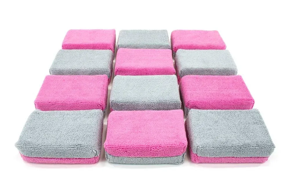 Autofiber Thick [Saver Applicator Terry] Ceramic Coating Applicator Sponge | 12 Pack | with Plastic Barrier to Reduce Product Waste. (Pink/Gray)