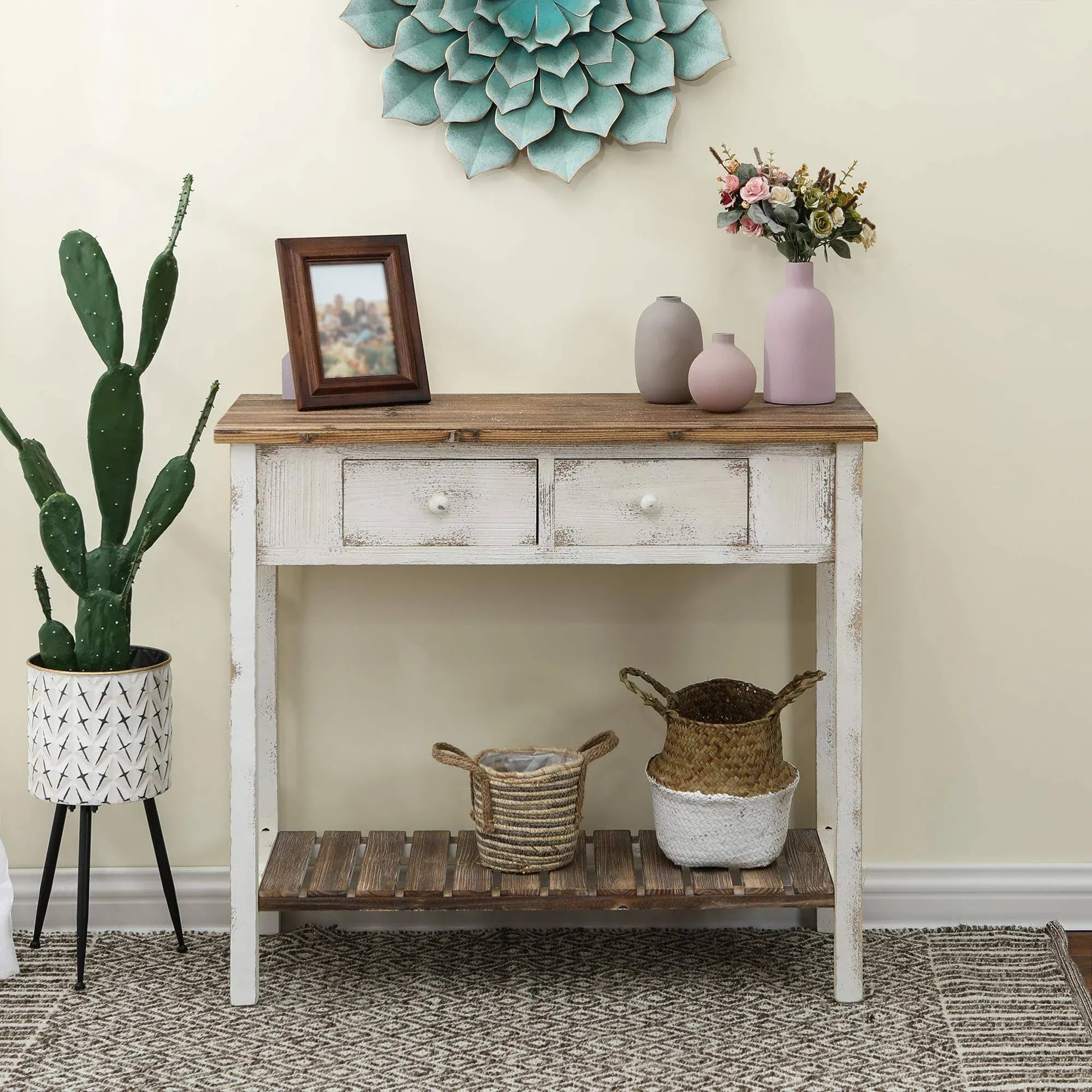 LuxenHome Foyer Table 35 2-Drawer Entryway Table with Storage Shelf W