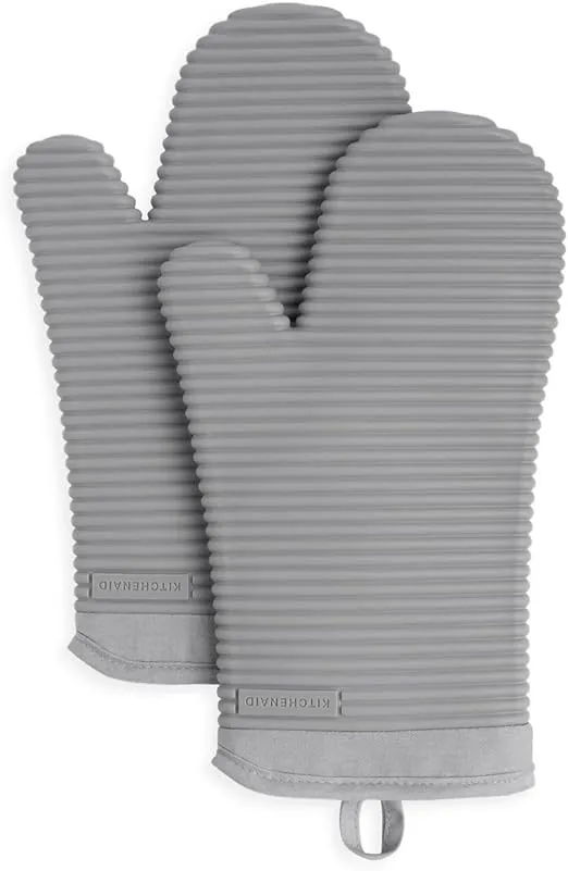 KitchenAid Ribbed Soft Silicone Oven Mitt Set, 7"x13", Grey 2 Count