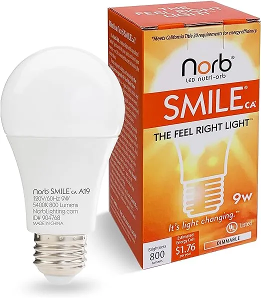 NorbSMILE Full Spectrum Sun Light Bulb - A19 9W, Boosts Energy, Mood & Performance, Supports Circadian Rhythm, Near-Perfect Color Rendering, Imitate Sunlight Indoors, BBB & US Supplier (1-Pack)