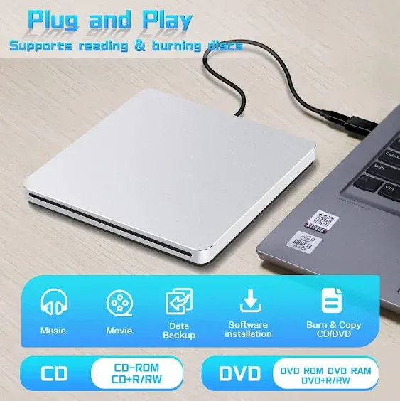 NOLYTH CD ROM External Drive DVD Player for Laptop, Slot-in CD DVD Drive External for Mac, USB C SuperDrive for Apple, Portable CD Burner Optical Disc Reader Drive for PC Computer Windows MacBook