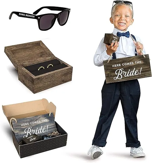 Ring Bearer Gift Set by Stache & Sons | Box Includes Two-Sided Sign, Ring Bearer Sunglasses, Wedding Ring Box | Ring Bearer Proposal | Ring Bearer Gifts