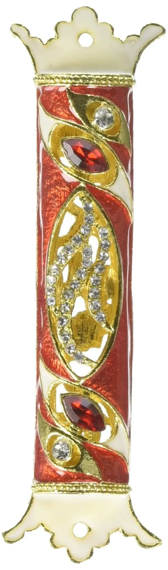 4.5" Hand Painted Mezuzah Embellished with a Royal Red Design 24K Gold Plated and Red and Clear Crystals by Matashi