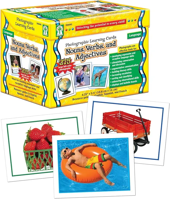 Key Education Nouns, Verbs, and Adjectives Photographic Learning Cards, 275 Vocabulary Flash Cards, Parts of Speech Picture Games, Learning Resources for Preschool, ESL, and Special Needs