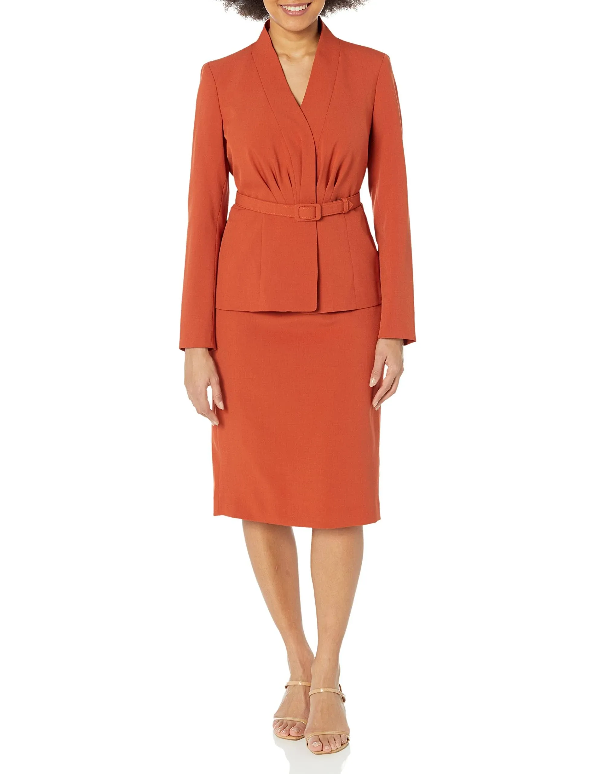 Le Suit Ember Women's Crepe Belted Jacket & Pencil Skirt Suit, US 8