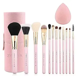 Z'OREYA Makeup Brush Set 12pcs Pink Synthetic Makeup Brushes Travel Set With Holder Makeup Brush Organizer Foundation Powder Contour Blush Eye Cosmetic Brush Sets in Case With Bonus Gift Makeup Sponge