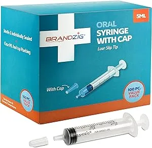 Brandzig 5ml Syringe with Cap (100 Pack) | Oral Dispenser Without Needle, Luer Slip Tip, | Individually Wrapped Medicine Dropper for Infants & Pets