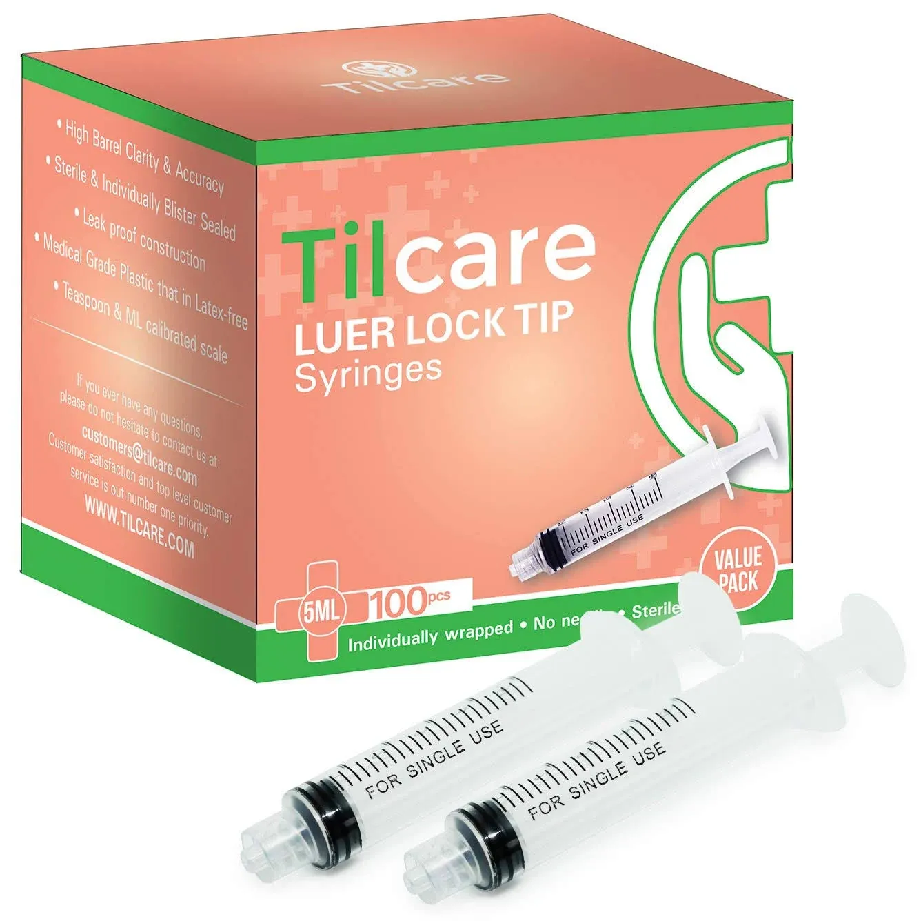 5ml Syringe Without Needle Luer Lock 100 Pack by Tilcare - Sterile Plastic Medicine Droppers for Children, Pets or Adults Latex-Free Oral Medication