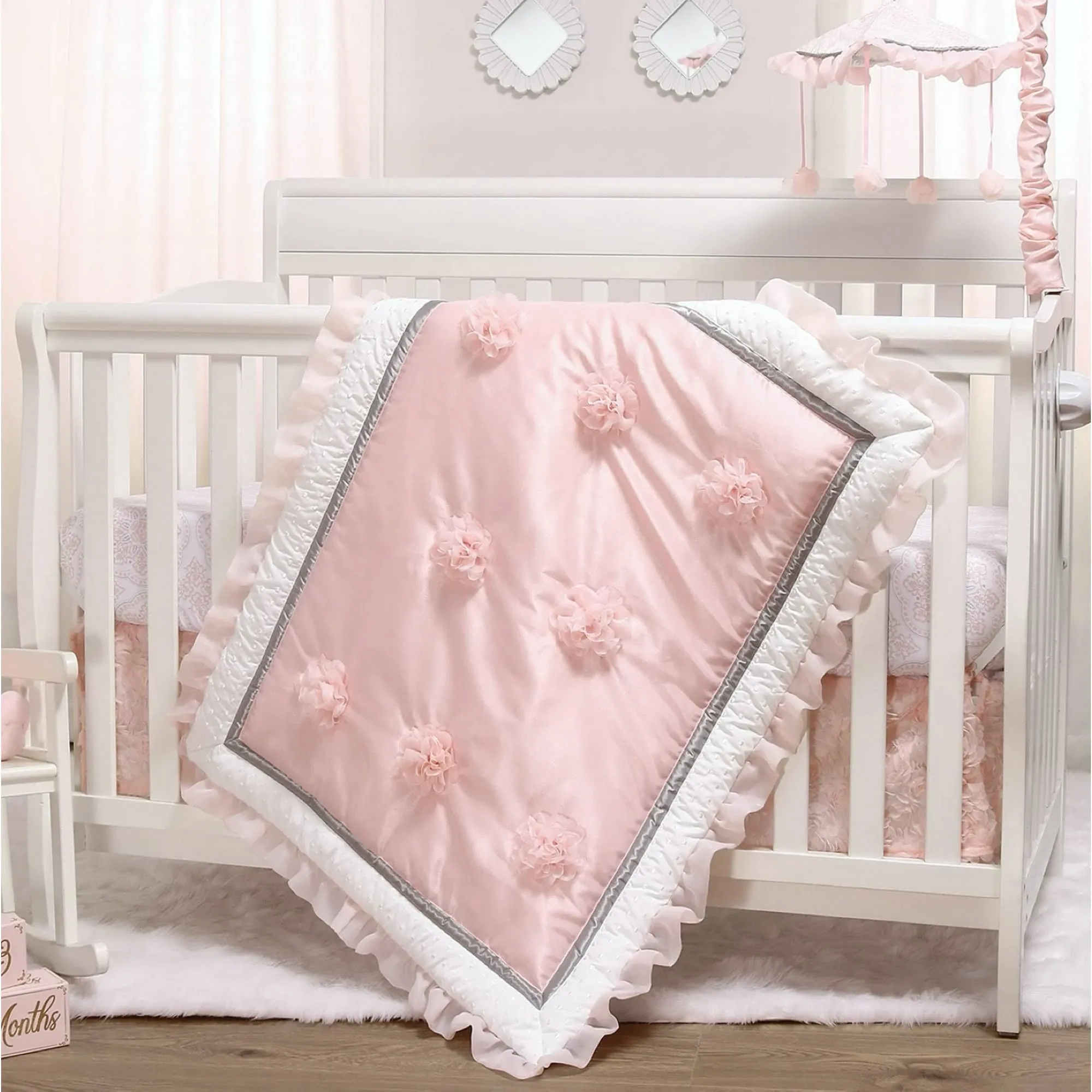 The Peanutshell Arianna Baby Crib Bedding Set - Pink/White - 3PC