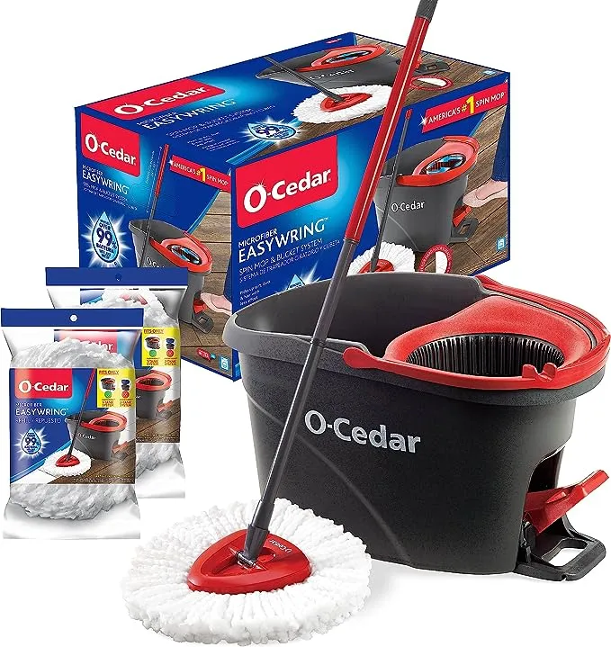 O-Cedar EasyWring Microfiber Spin Mop & Bucket Floor Cleaning System + 2 Extra Refills, Red/Gray