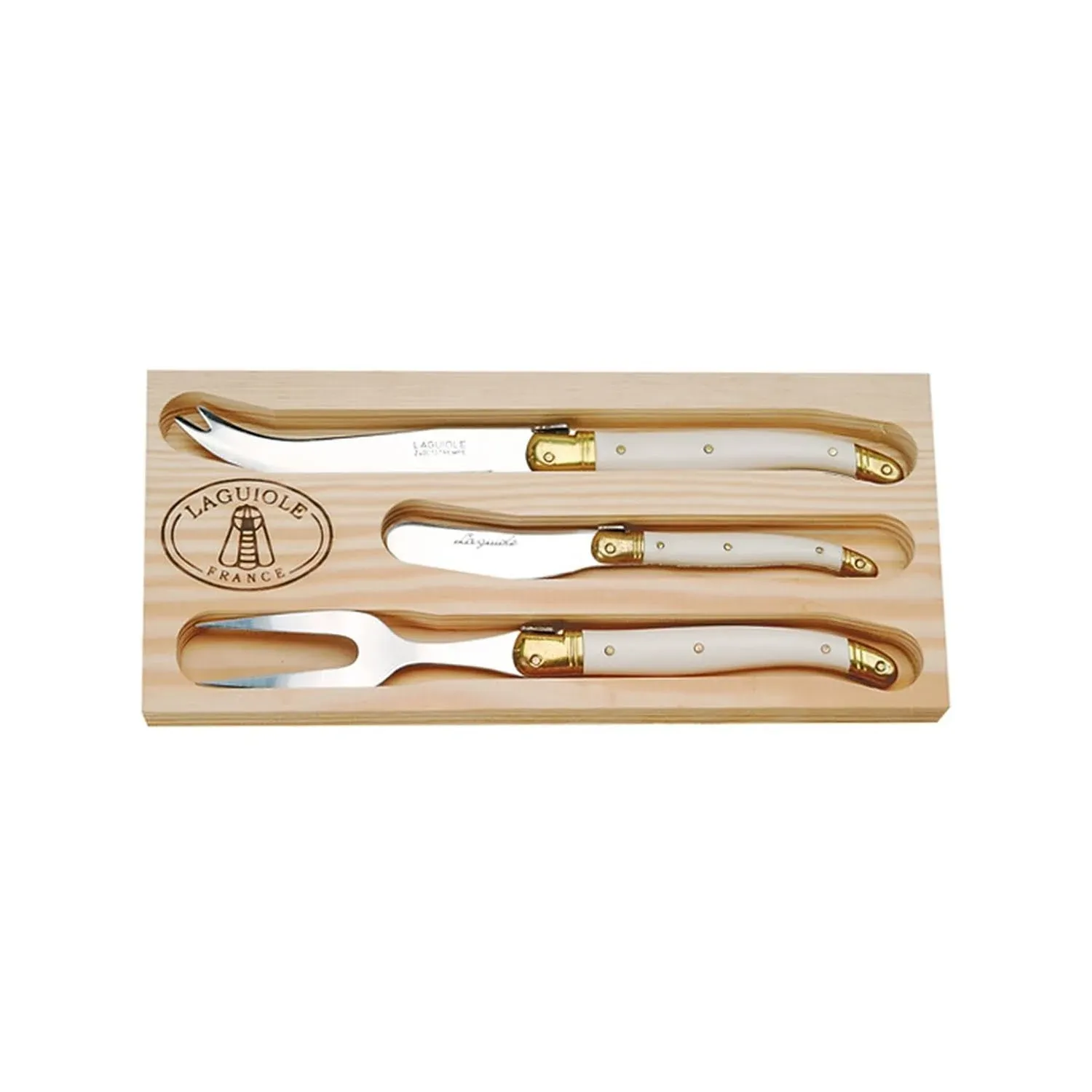 Jean Dubost 3-Piece Cheese Knives Set in Box, Ivory