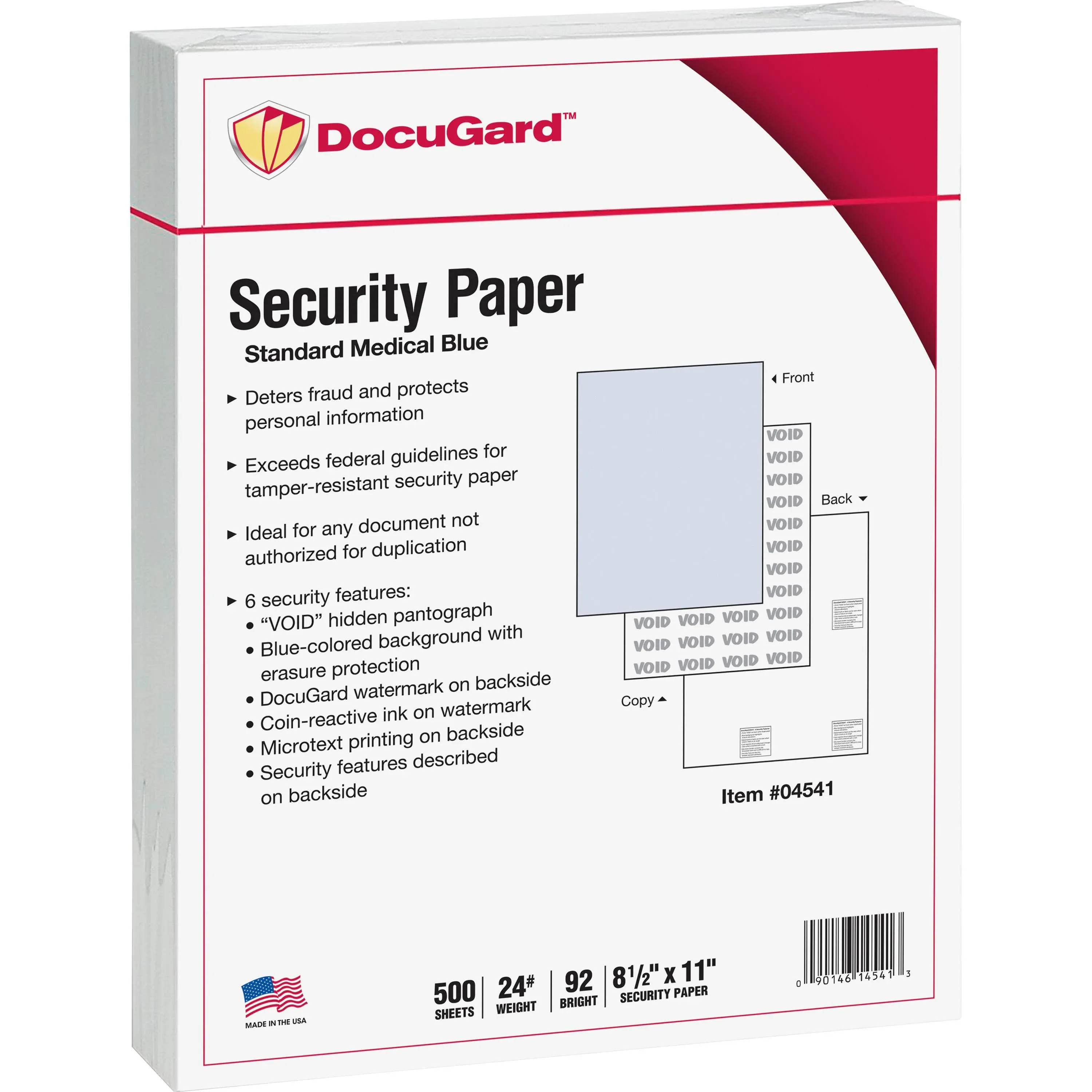 DocuGard Standard Medical Security Paper for Printing Prescriptions and Preventing Fraud, CMS Approved, 6 Security Features, Laser and Inkjet Safe, Blue, 8.5 x 11, 24 lb, 2500 Sheets (04541C)