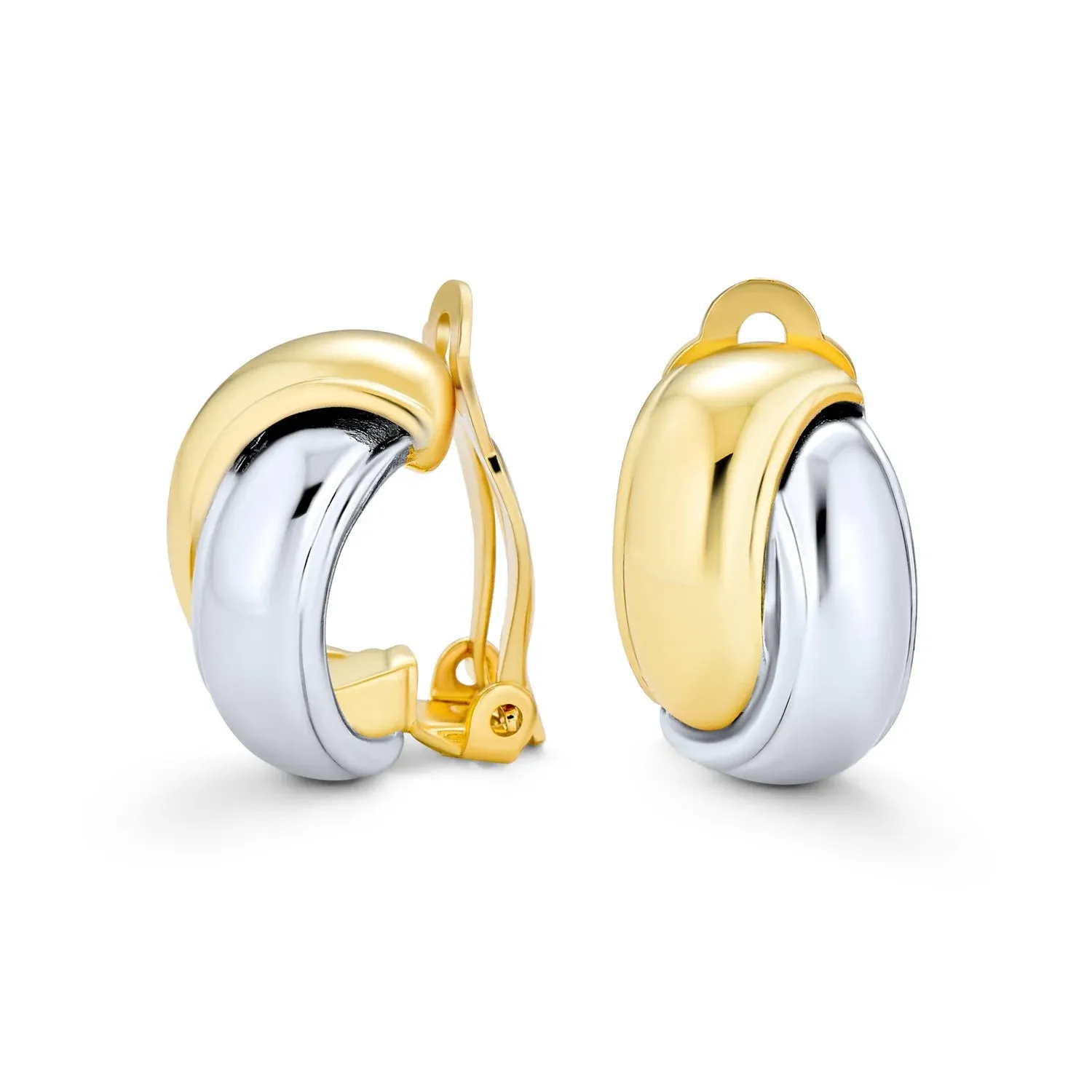 Two Tone Interlocking Circle Clip-On Earrings Silver & 14K Gold Plated Brass