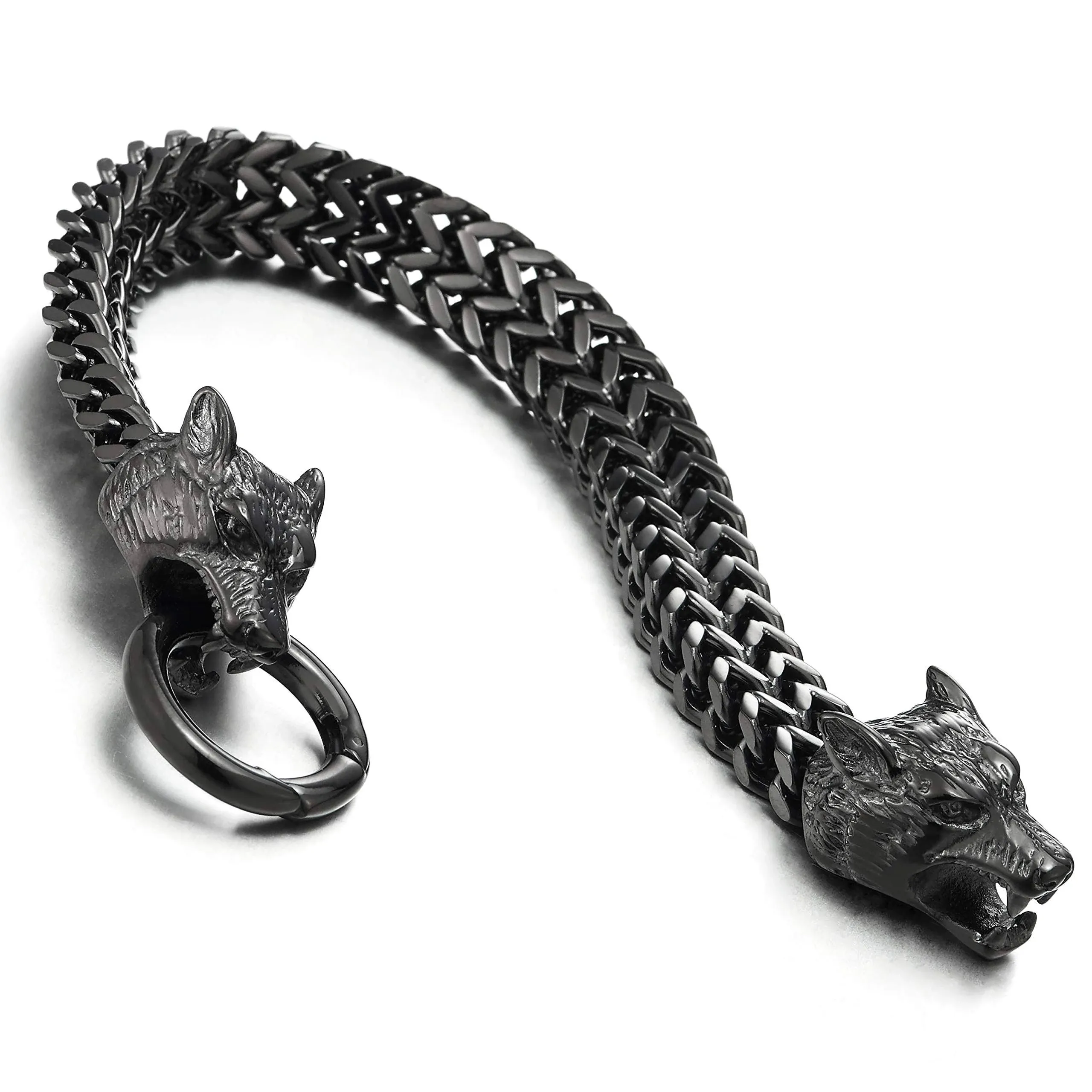 COOLSTEELANDBEYOND Men's Wolf Head Franco Link Chain Bracelet