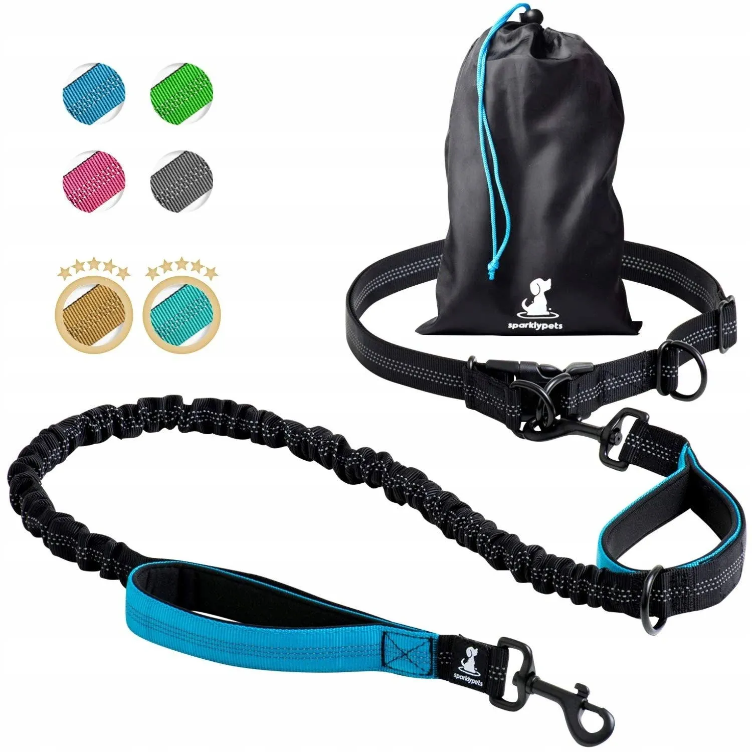 SparklyPets Hands Free Dog Leash for Medium and Large Dogs – Professional Harness with Reflective Stitches for Training, Walking, Jogging and Running Your Pet (Blue, for 1 Dog)