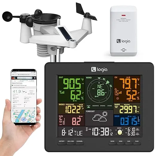 Logia 18-in-1 Wi-Fi Weather Station with 7-in-1 Solar Sensor Array, Temperature Humidity Wind Speed/Direction Rain UV & More, Wireless Console w/Forecast Data, Alerts (Black)