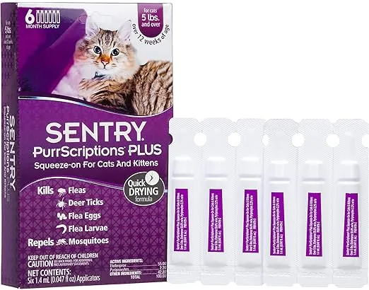 Sentry PurrScriptions Plus Cat & Kitten Squeeze-On Flea & Tick Control, for Cats Over 5 lbs., 6 dose