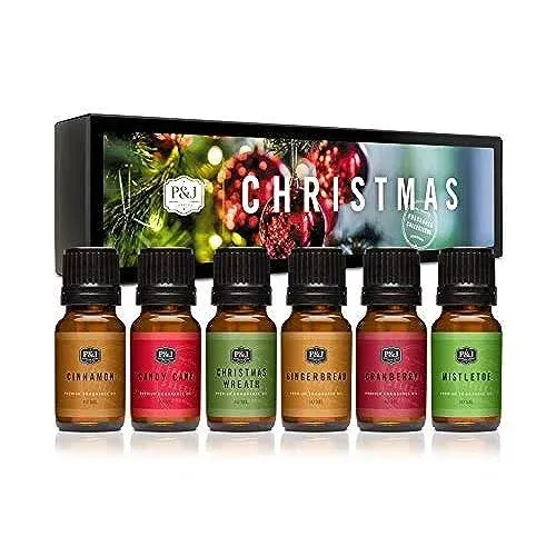 P&J Fragrance Oil Holiday Set | Mistletoe, Candy Cane, Wintermint, Apple Cider, Cranberry, and Forest Pine Candle Scents for Candle Making, Freshie Scents, Soap Making Supplies, Diffuser Oil Scents