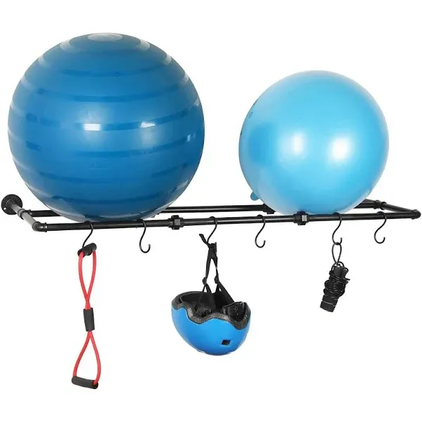 Matte Black Metal Wall Mounted Exercise Yoga Ball Storage Rack with 6 S-Hooks