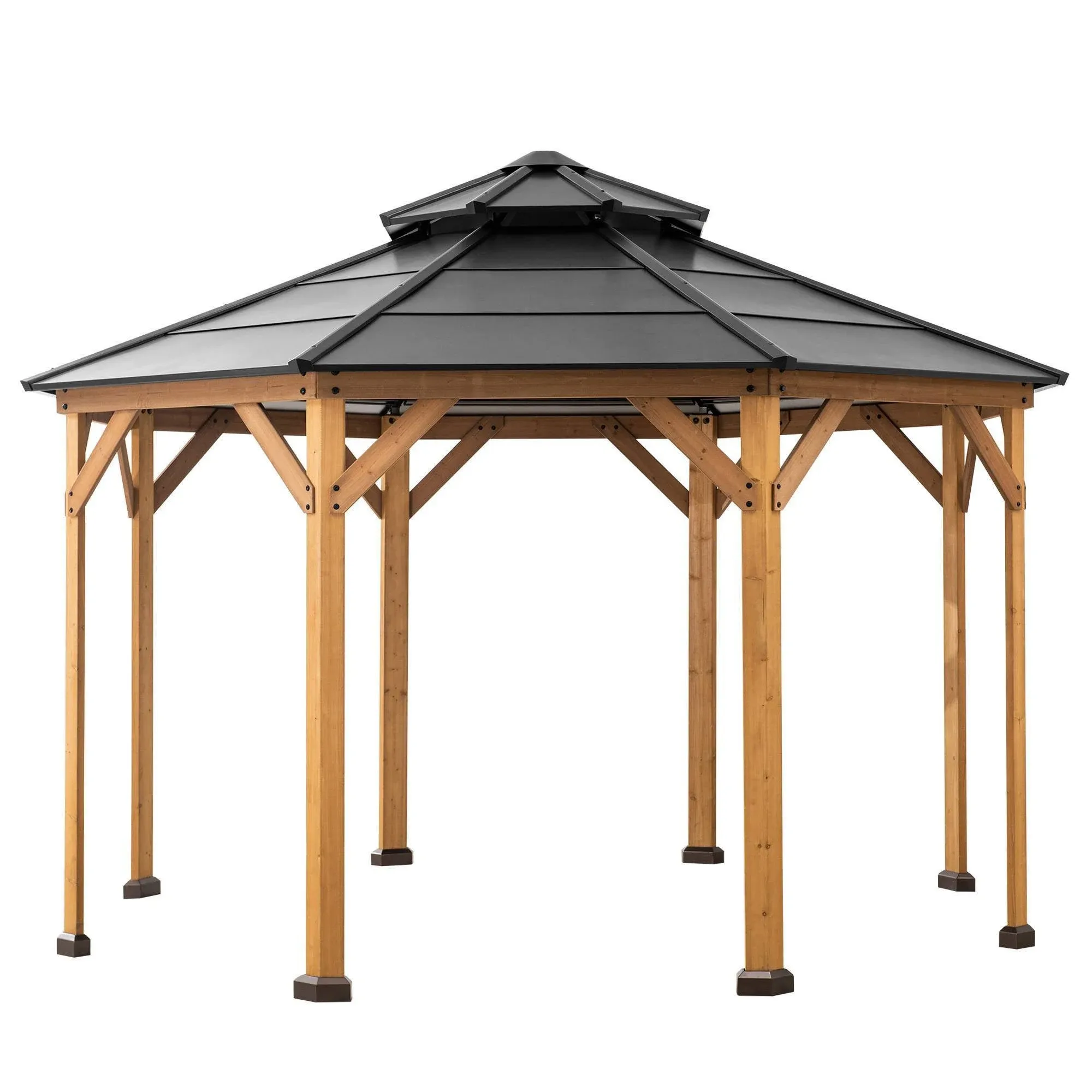 13 Ft. W x 13 Ft. D Patio Cedar Framed Octagonal Gazebo Steel 2-Tier Hardtop Roof ...