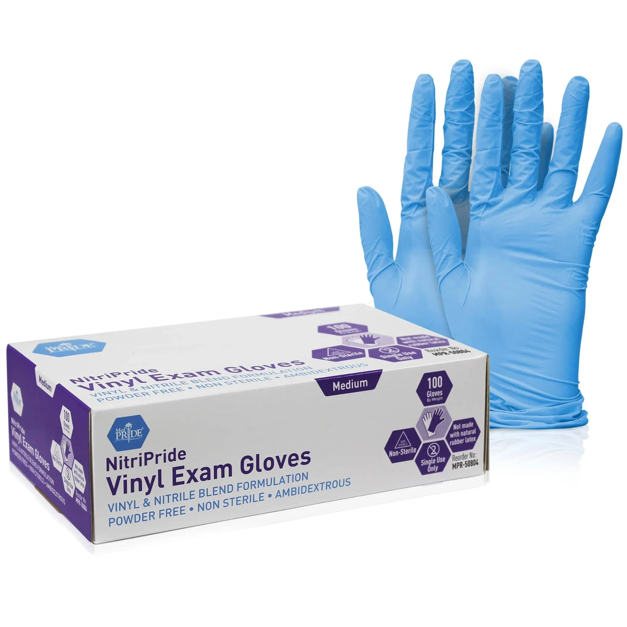 Med PRIDE NitriPride Nitrile-Vinyl Blend Exam Gloves, Large 1000 - Powder Free, Latex Free & Rubber Free - Single Use Non-Sterile Protective Gloves for Medical Use, Cooking, Cleaning & More