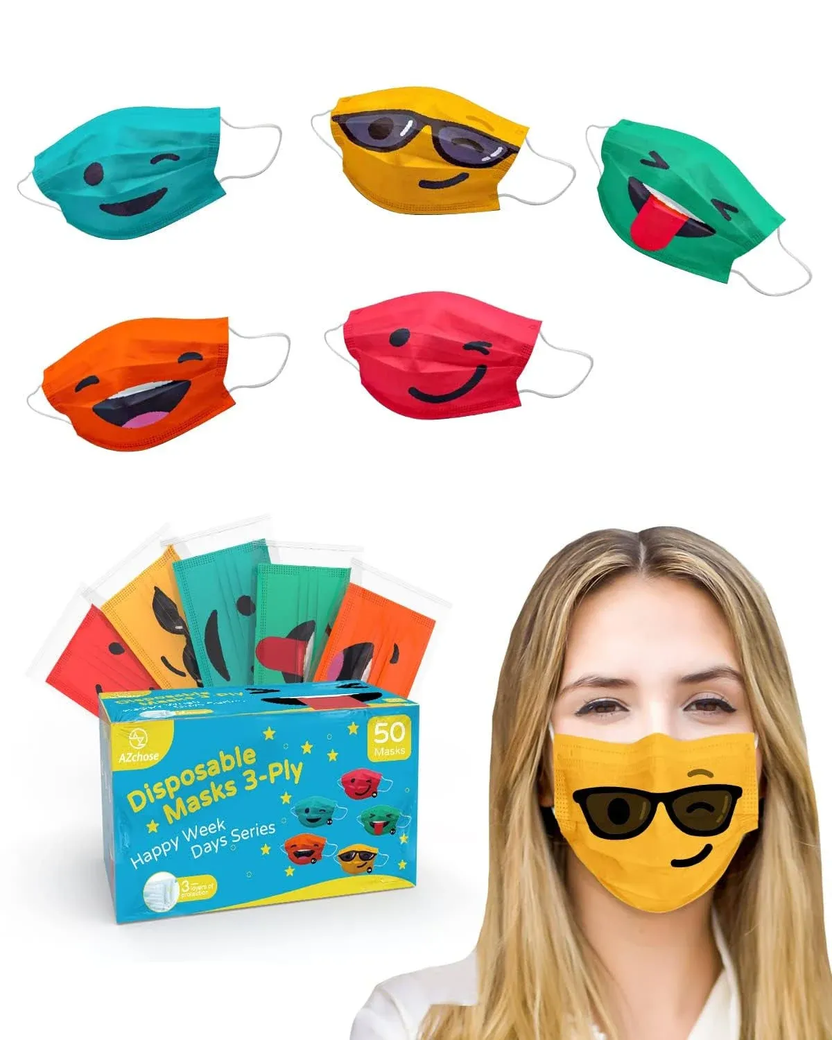 Funny Face Masks for Adults, AZchose Disposable face masks with designs Smiley Facemask Individually Wrapped Cute Colored Happy Face Masks Humor, Smile Printed Fun Masks 3 Ply Breathable Mask 50-Pacck