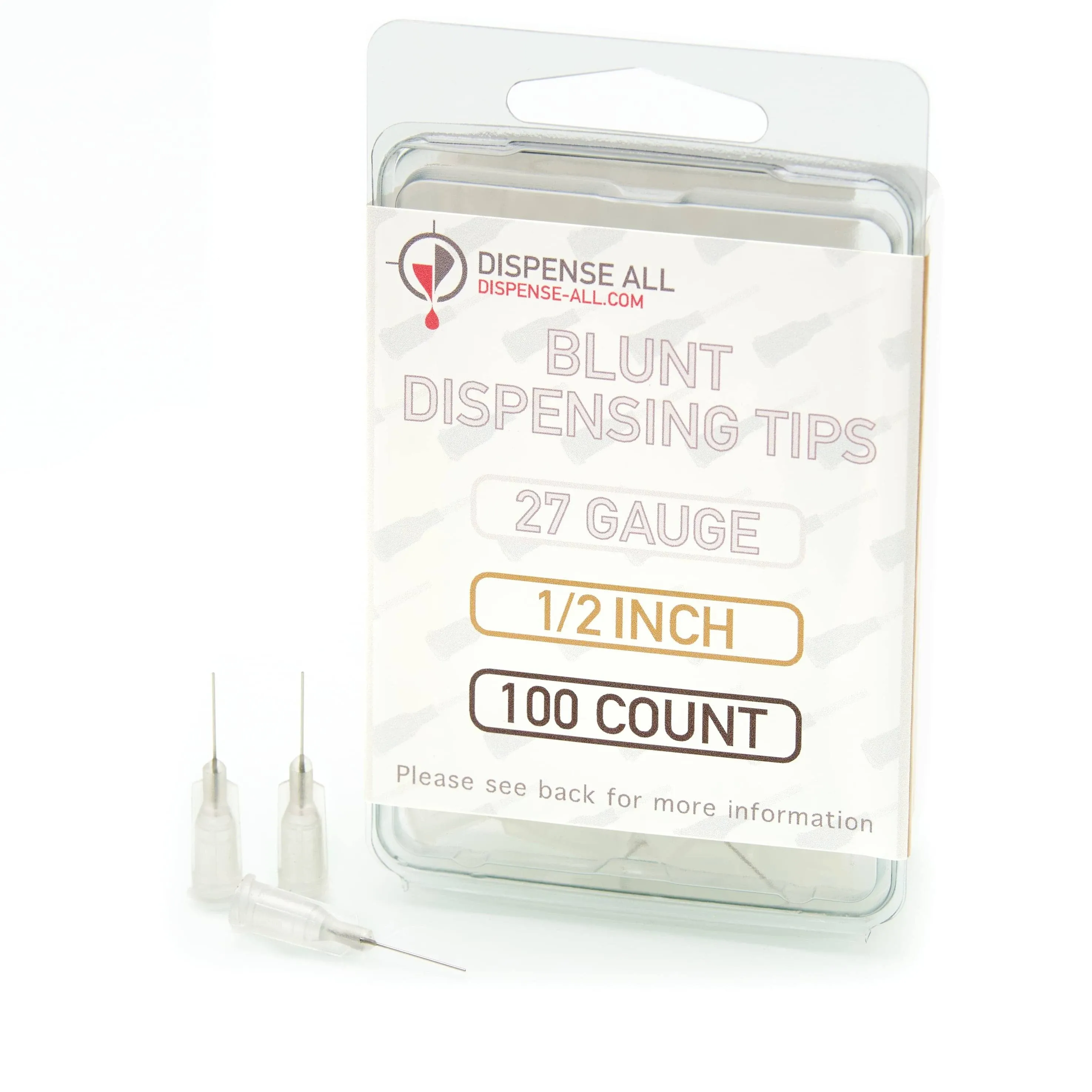 Dispense All - 27 Gauge 1/2 Inch Blunt Tipped Dispensing Needle, Luer Lock, 100 Count