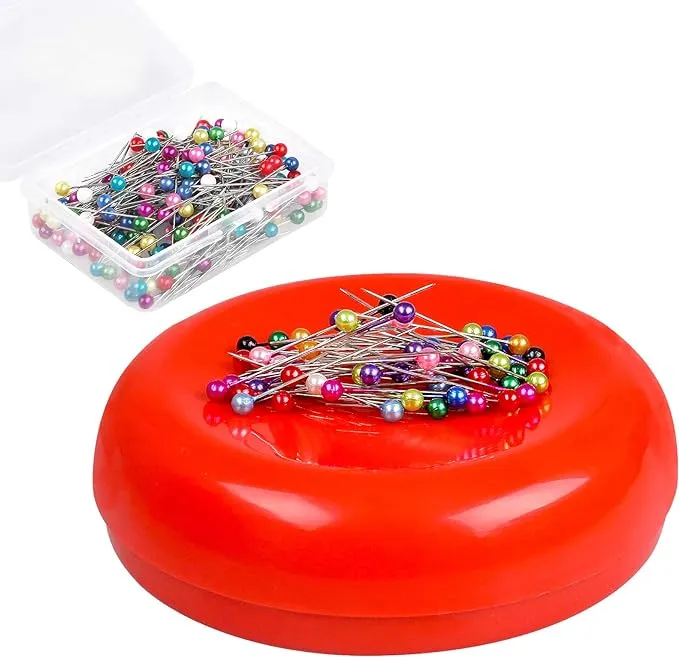 Phinus Magnetic Pin Cushion with 200 Pcs Sewing Pins, Round Plastic Magnetic ...